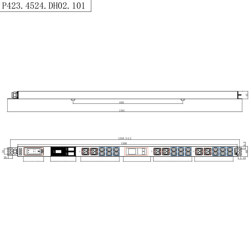 콘센트 24개 3상 IEC C13 및 C19 잠금 가능 소켓 1.5U 액체 자기 회로 차단기 수직 핫스왑 가능 RS485 계측 랙 PDU